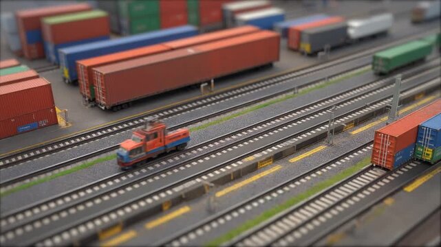 Model train moving through a miniature cargo yard.