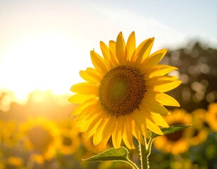 Obraz premium Sunlit Sunflower. Vibrant bloom catches sunset's glow, amidst a field under a golden sky. Bokeh background