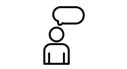 Stick figure person icon with a blank speech bubble for communication, isolated on white background.