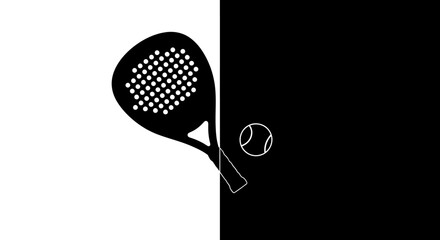 Paddle tennis racket and ball silhouette on a striking black background © UDIN