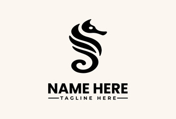 A stylized seahorse logo illustration with a placeholder name and tagline on a clean white background, featuring a vector graphic design. © vectorvovdesign