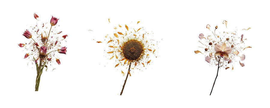 Set of exploding floral blooms with fragmented tulip, sunflower and orchid petals, particle effects
