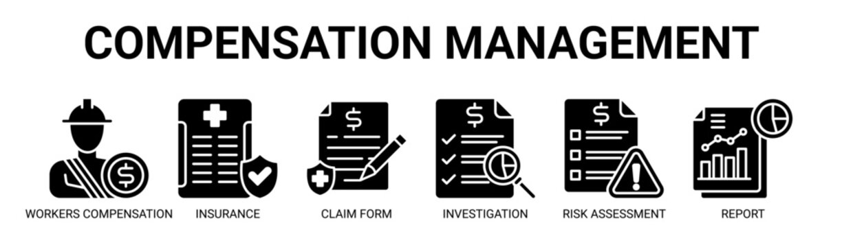 Compensation Management web banner icon vector illustration concept with icon of workers compensation, insurance, claim form, investigation, risk assessment, and report.