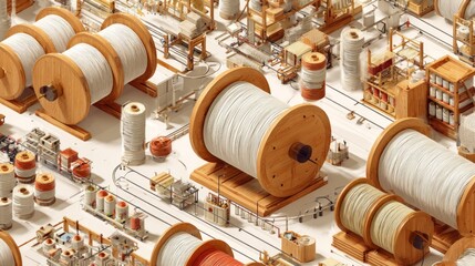 Detailed top-down view of a miniature textile factory.  Wooden machinery, spools of thread, and weaving equipment are arranged in an intricate network.  Light beige background