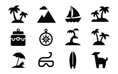 Obraz premium Black icons of tropical vacation symbols travel and leisure activities on white background