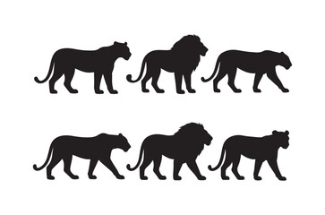 A collection of six black silhouettes depicting lions in various walking poses high quality professional