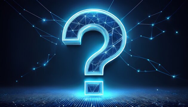 a glowing blue digital question mark formed from interconnected lines and dots on a dark background