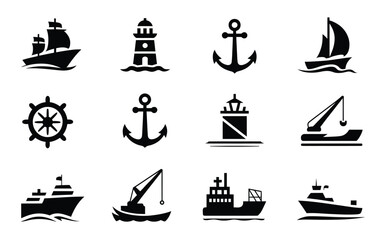 Nautical icons set including ships boats anchors lighthouses and steering wheels in black silhouette on white background for maritime and navigation themes © Antu