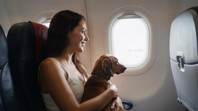 Young woman passenger traveling with small brown dachshund dog on lap sitting by airplane window in commercial aircraft cabin for pet-friendly airline in-cabin companion animal air travel experience