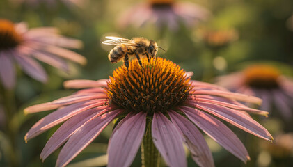 Bee Pollinating a Purple Coneflower in a Warm Summer Garden, Capturing the Beauty of Nature and the Vital Role of Pollinators in Supporting the Ecosystem