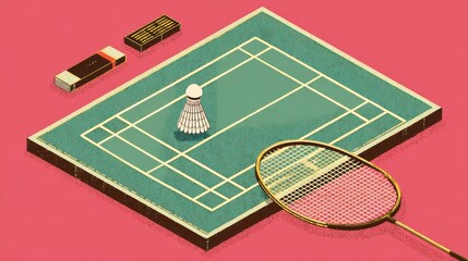 Isometric badminton court with shuttlecock and rackets