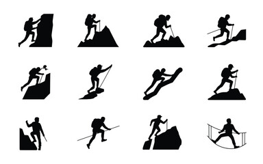 Hikers climbing mountains in various poses black silhouettes on white background adventure and exploration concepts