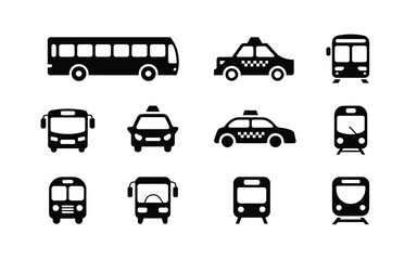 Various public transportation vehicles icons set including buses taxis trains and cars on white background © Antu