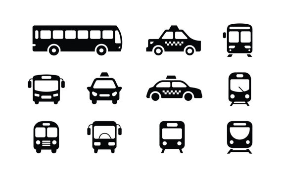 Various public transportation vehicles icons set including buses taxis trains and cars on white background