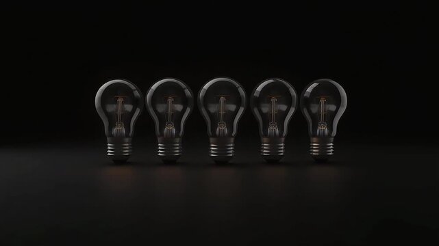 Row of glowing tungsten light bulbs on dark background, powerful innovation and creative teamwork concept for business leadership and startup inspiration.