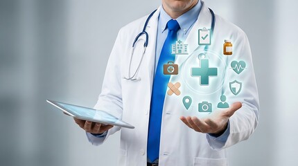 Doctor holding a tablet displaying a holographic interface with medical icons and symbols in a healthcare concept