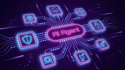 Digital circuit board with AI Agent in the center connected to icons representing brain cloud gears lock and satellite dish