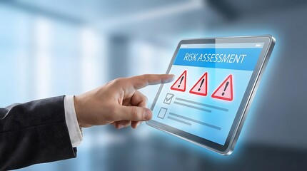 Business professional using a digital tablet to perform a risk assessment with caution warning symbols on the screen