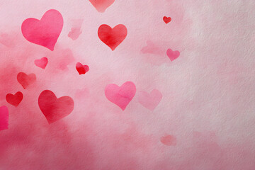 Hearts in different shades float across a soft pink background creating a simple but cheerful scene