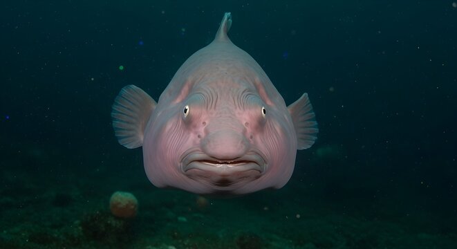 Front view portrait of a peculiar pink blobfish underwater, showing its unique, gelatinous appearance in the deep sea.