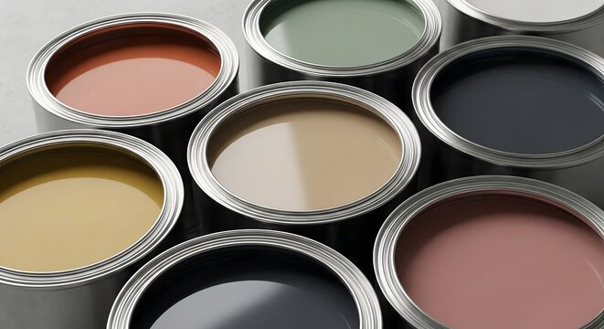 Close-up of open paint cans with different colors