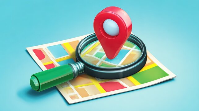 Finding locations using a magnifying glass and map with a pin on a blue background