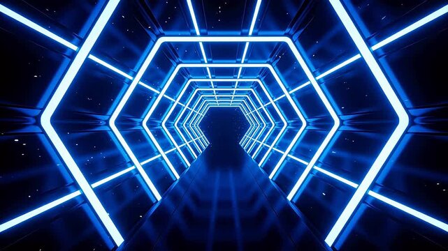 Futuristic neon tunnel with hexagonal lights
