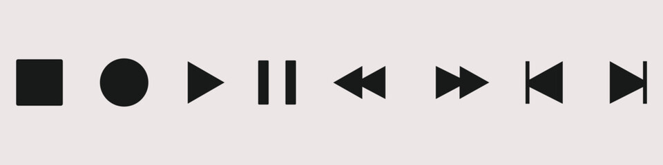 Fototapeta premium Horizontal Row of Black Media Player Icons: Stop, Record, Play, Pause, Rewind, Fast Forward, Previous, Next