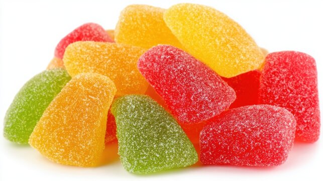 A vibrant pile of assorted sour patch gummy candies in a close-up studio shot, showcasing their sugary texture and bright colors.