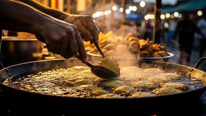 Street Food Cooking in Large Pan.