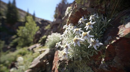 Delicate white edelweiss flowers clinging to rugged mountain rocks under a clear blue sky