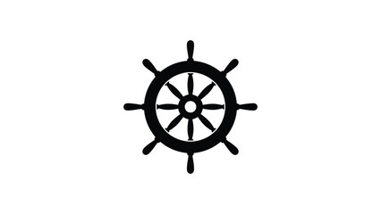 Obraz premium Black silhouette ship’s wheel icon with eight spokes symbolizing nautical navigation, sailing, maritime control, leadership, travel, and direction
