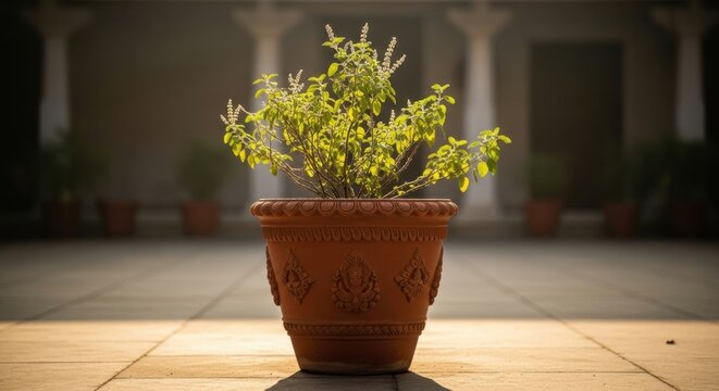 Lush Green Tulasi Plant with Delicate Blooms Thriving in Ornate Terracotta Pot on Sunlit Paved Courtyard