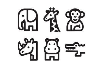 A collection of simple black and white line art icons depicting various african animals