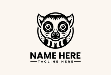 Black and white illustration of a lemur's head with large eyes and customizable text for a logo or icon on a plain beige background. © vectorvovdesign