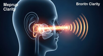 Fototapeta premium Anatomy of the Human Ear Illustration with Sound Waves and Glowing Light featuring 