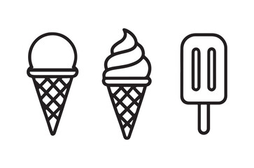 A simple black and white illustration depicting an ice cream cone soft serve and popsicle
