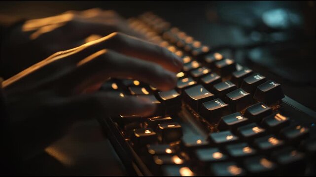 Close-up of hands typing on a backlit keyboard in a dark room.