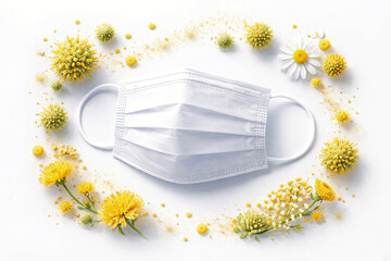 Allergy protection background featuring a clean medical mask surrounded by spring pollen particles from plants and flowers. Modern healthcare highlighting seasonal allergy relief