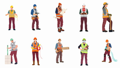 Diverse Construction and Trades Workers Set with Tools, Safety Vests, and Hard Hats: Flat Vector Illustration Collection on White Background.