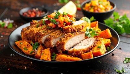 Fototapeta premium Delicious breaded chicken with sweet potatoes.