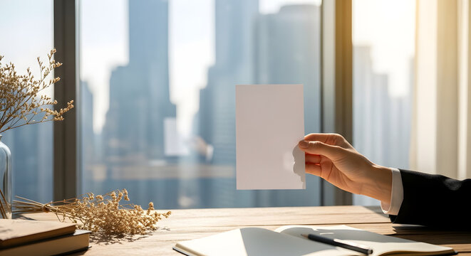Hand Holding Blank Paper with City Background