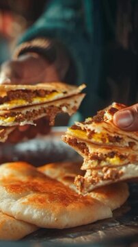 Close-Up of Yemeni Mutabbaq Being Pulled Apart by Hand, Authentic Middle Eastern Street Food