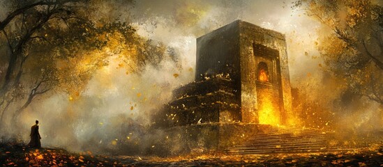 Ethereal Temple Ascent: Golden Light, Solitary Figure, Mystical Journey