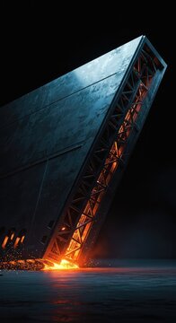 A colossal metallic structure dominates the frame, symbolizing immense, unstoppable power and overwhelming forward momentum on a destructive path ,movement ,success ,technology