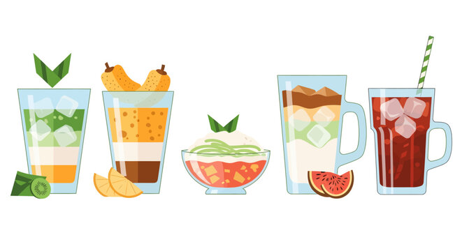 Indonesian Traditional Ramadan Drinks Collection, Es Cendol, Dawet, and Es Pisang Ijo Vector Illustration for Iftar Menu