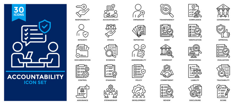 Accountability icon collection. Contains icons for responsibility, transparency, compliance, ethics, integrity, liability, oversight, ownership. Line vector illustration.