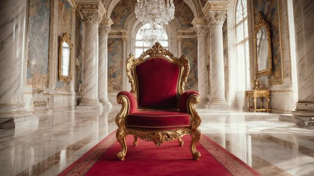 Luxurious Red Chair in Grand Marble Hallway.