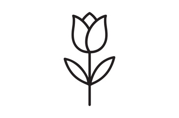 Simple black and white line drawing of a tulip flower with leaves on a plain background