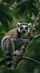 Obraz premium A cute ring-tailed lemur resting high in the branches of a tropical forest tree, looking directly at the viewer with large curious brown eyes ,alert ,cute ,animal